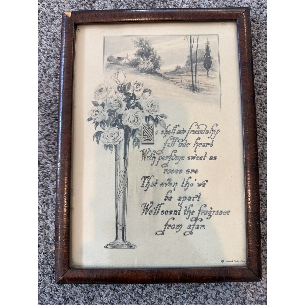 c1910's Motto Roses Flowers In Vase Winter Scene Framed 9.5" By 7"